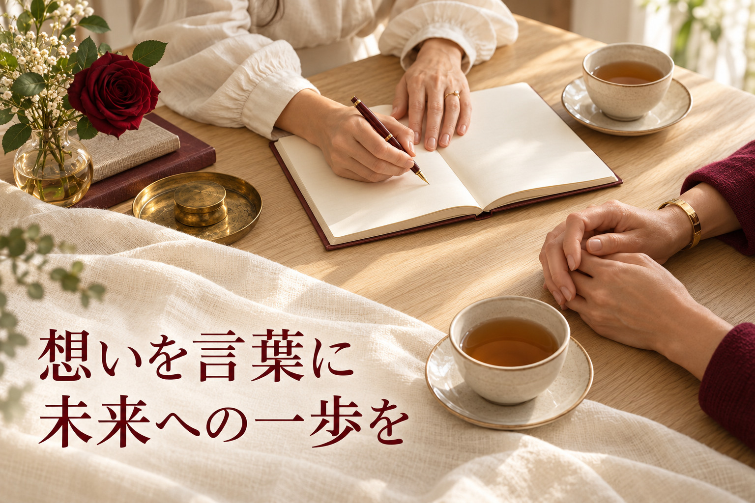 想いをノートに書き出す写真。画像内の言葉：想いを言葉に、未来への一歩を