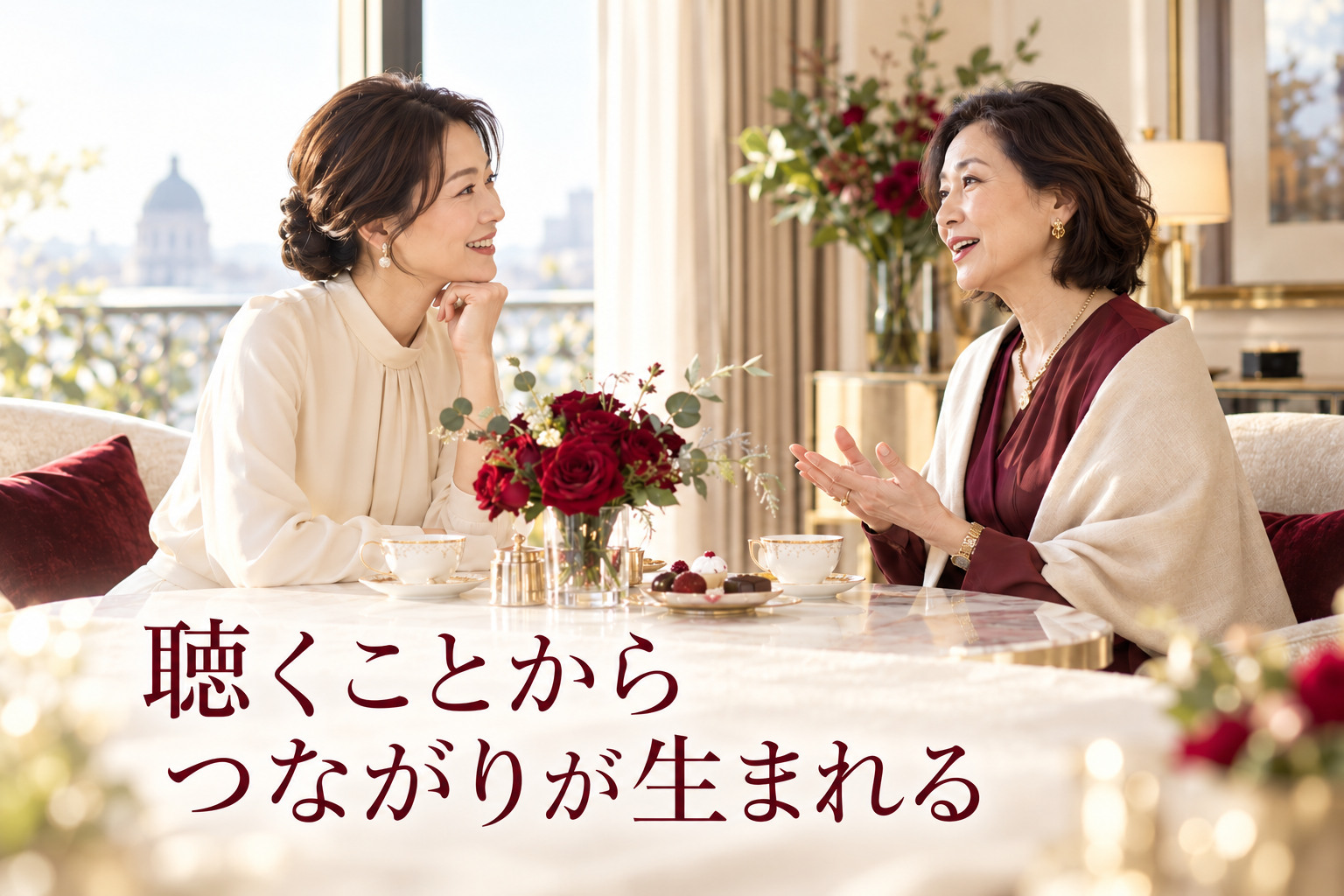 対話の学びを表す写真。画像内の言葉：聴くことから、つながりが生まれる
