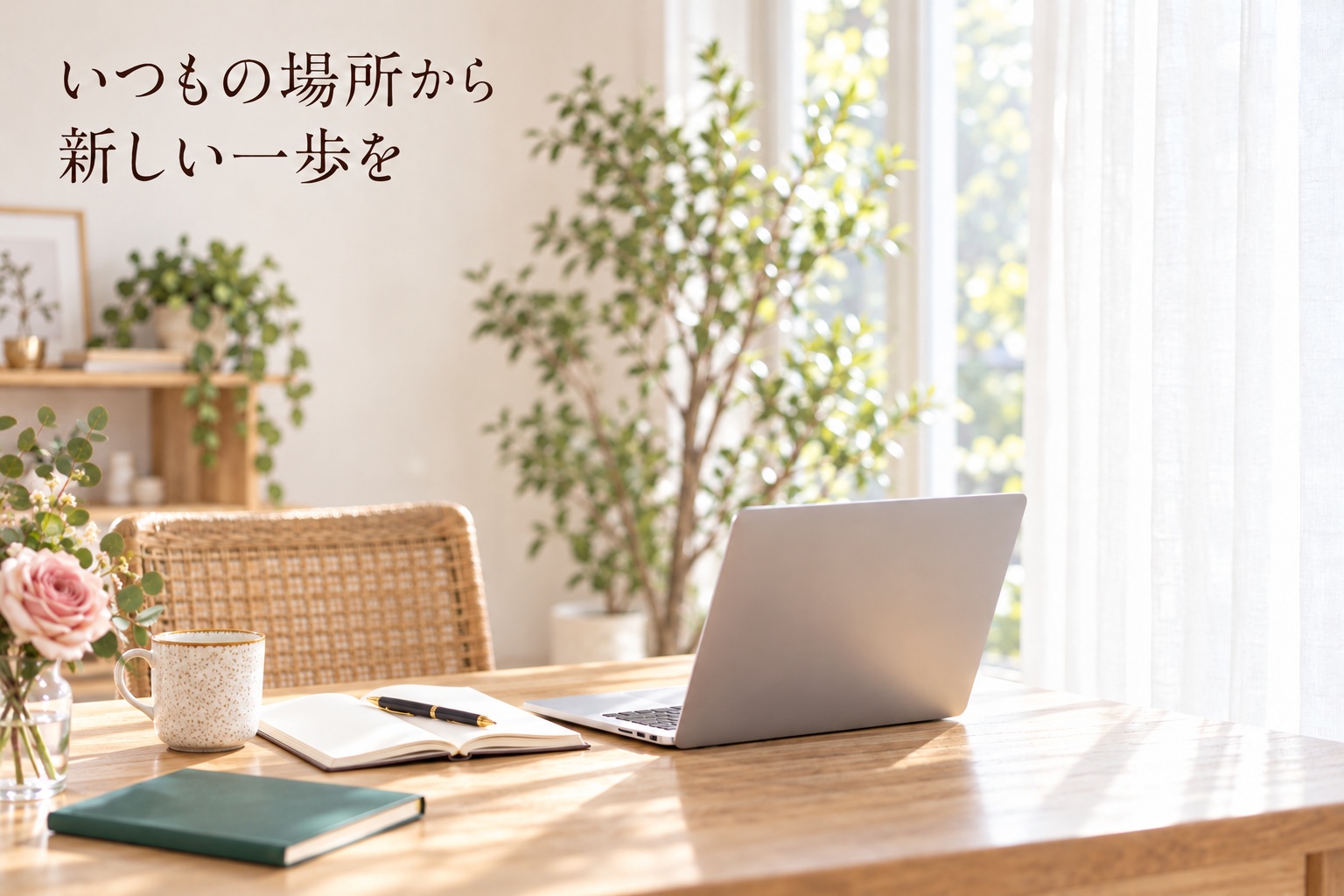 オンラインの学びを始めるパソコンとノート。いつもの場所から、新しい一歩を