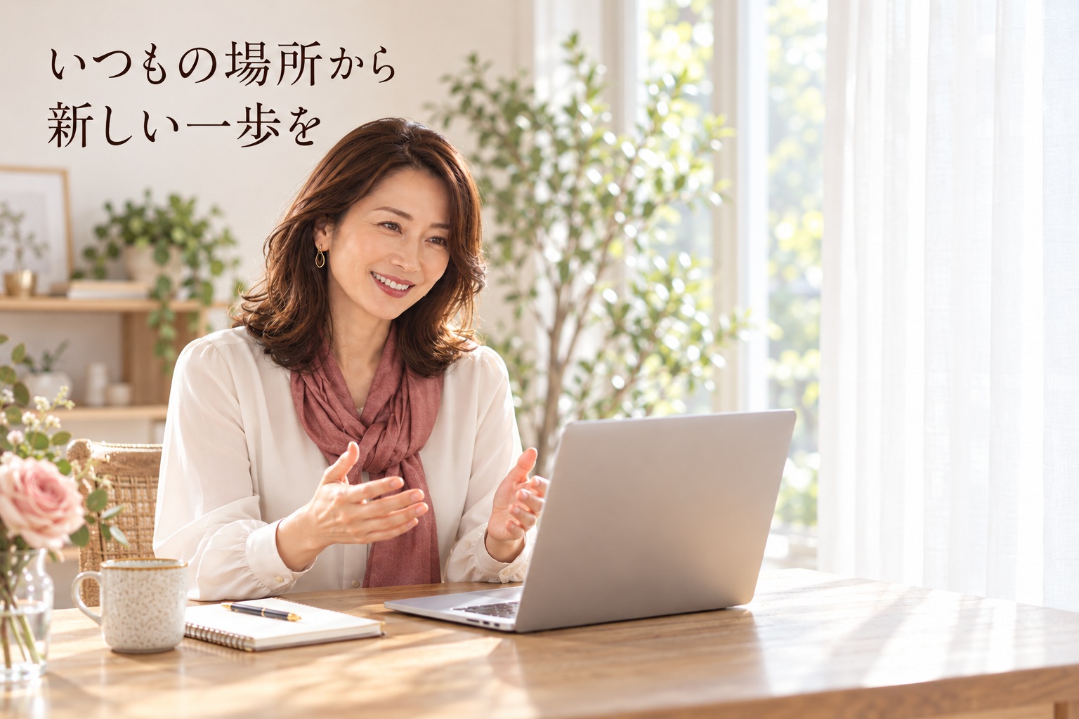 話し方や対話を表した写真。画像内の言葉:いつもの場所から、新しい一歩を