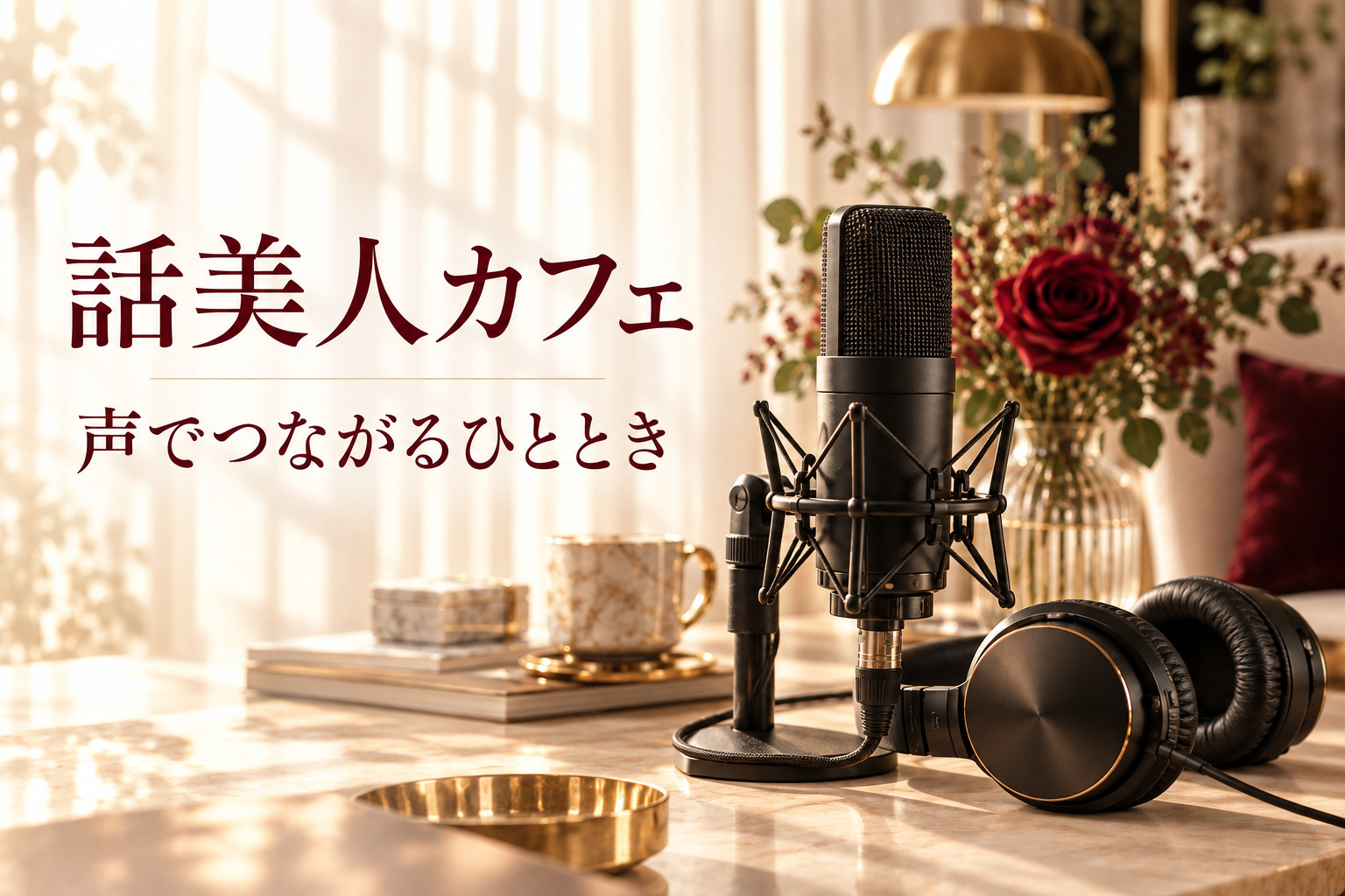 マイクとヘッドホンの写真。画像内の言葉：話美人カフェ、声でつながるひととき