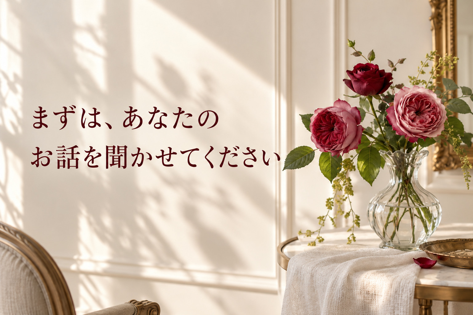 落ち着いた対話の時間を表した花の写真。画像内の言葉:まずは、あなたのお話を聞かせてください